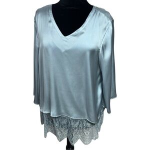 Ruby Ribbon Light Blue Satin Blouse Lace Hem XL